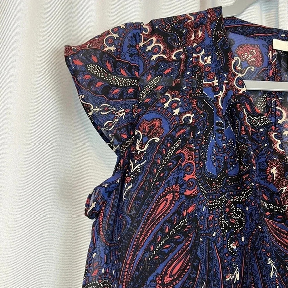 Joie Flutter Sleeve Blouse in Blue and Cream - Picture 4 of 6